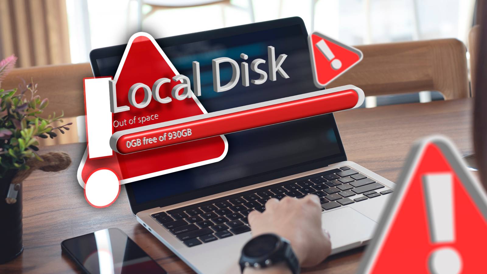 A laptop with a warning indicating that the local disk is full.