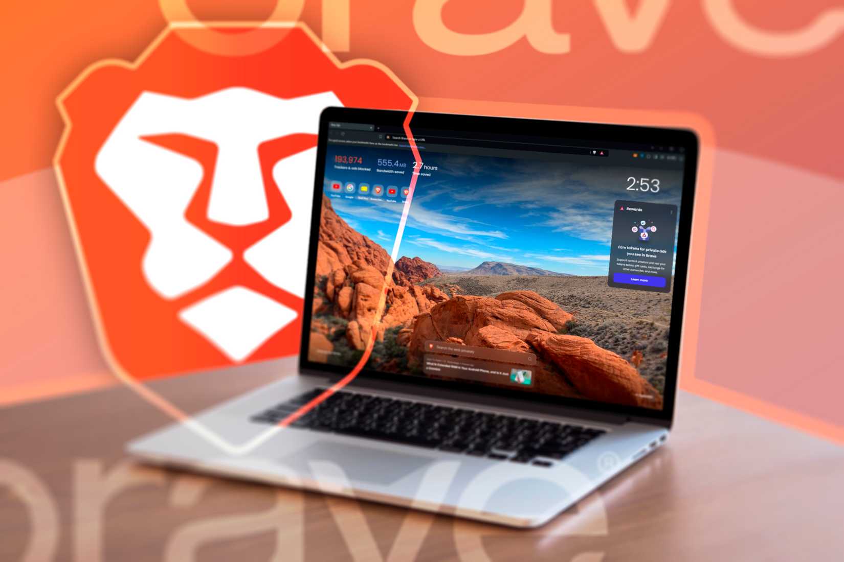A laptop with the Brave browser open and the Brave logo in the background.