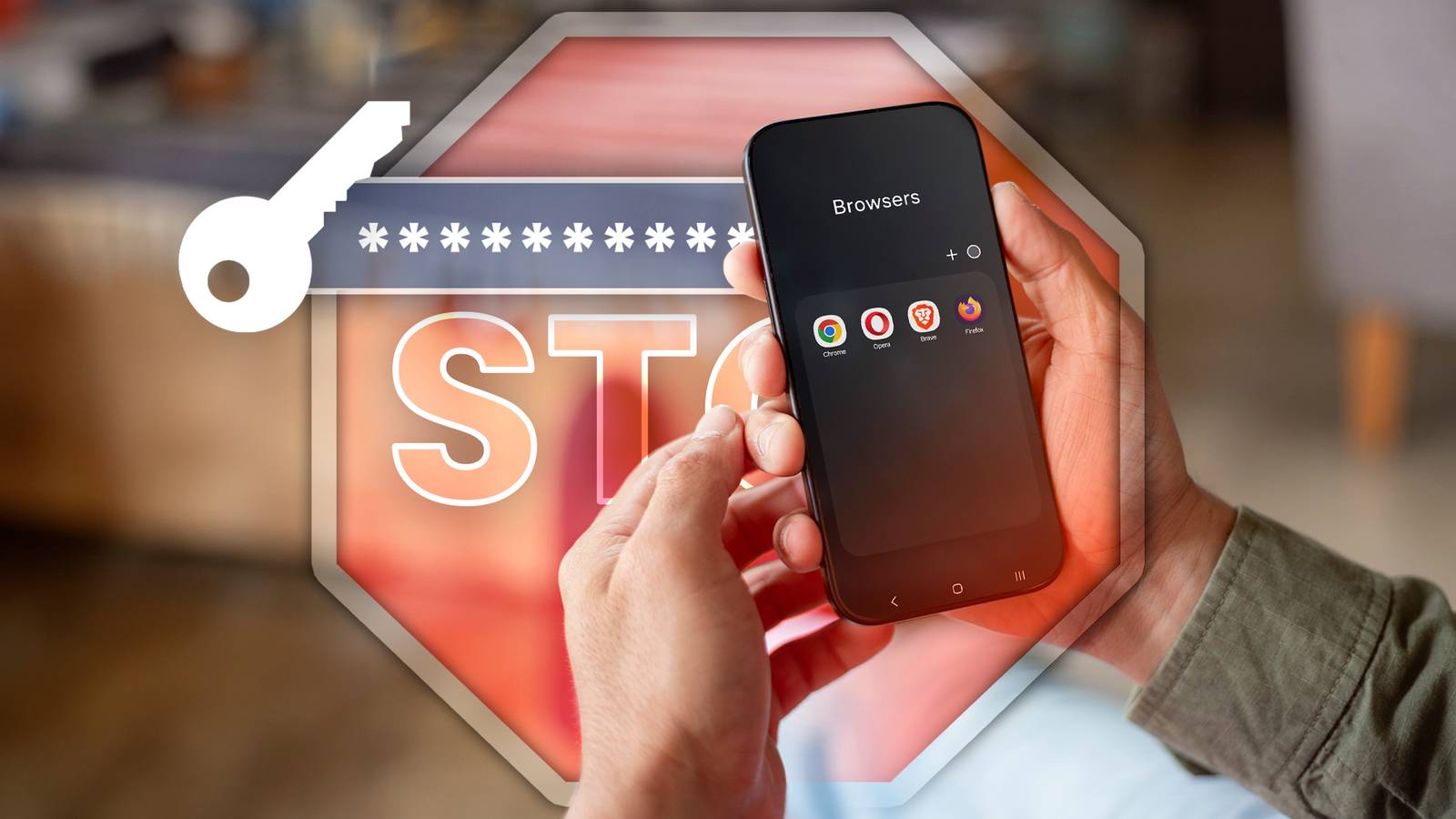A person holding a phone with some browsers on the screen, and next to it, a key with a password and a 'stop' sign.