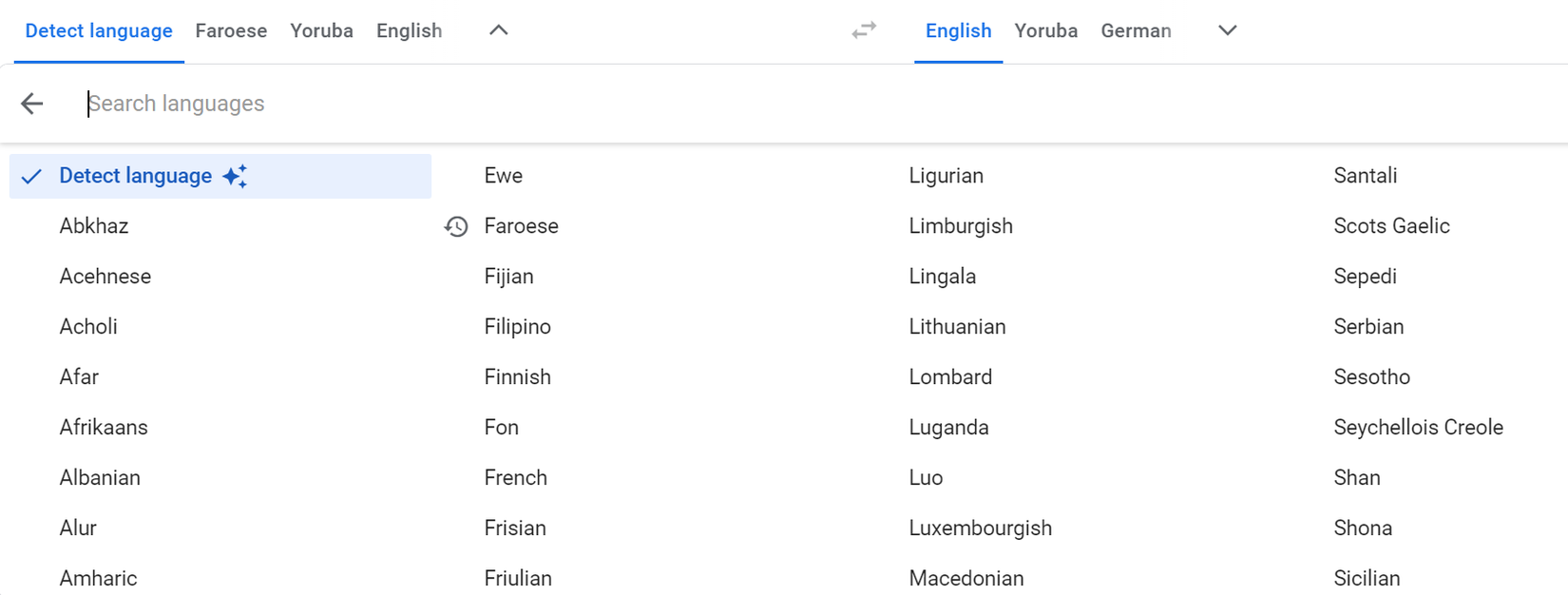 A screenshot showing some of the languages available on Google Translate
