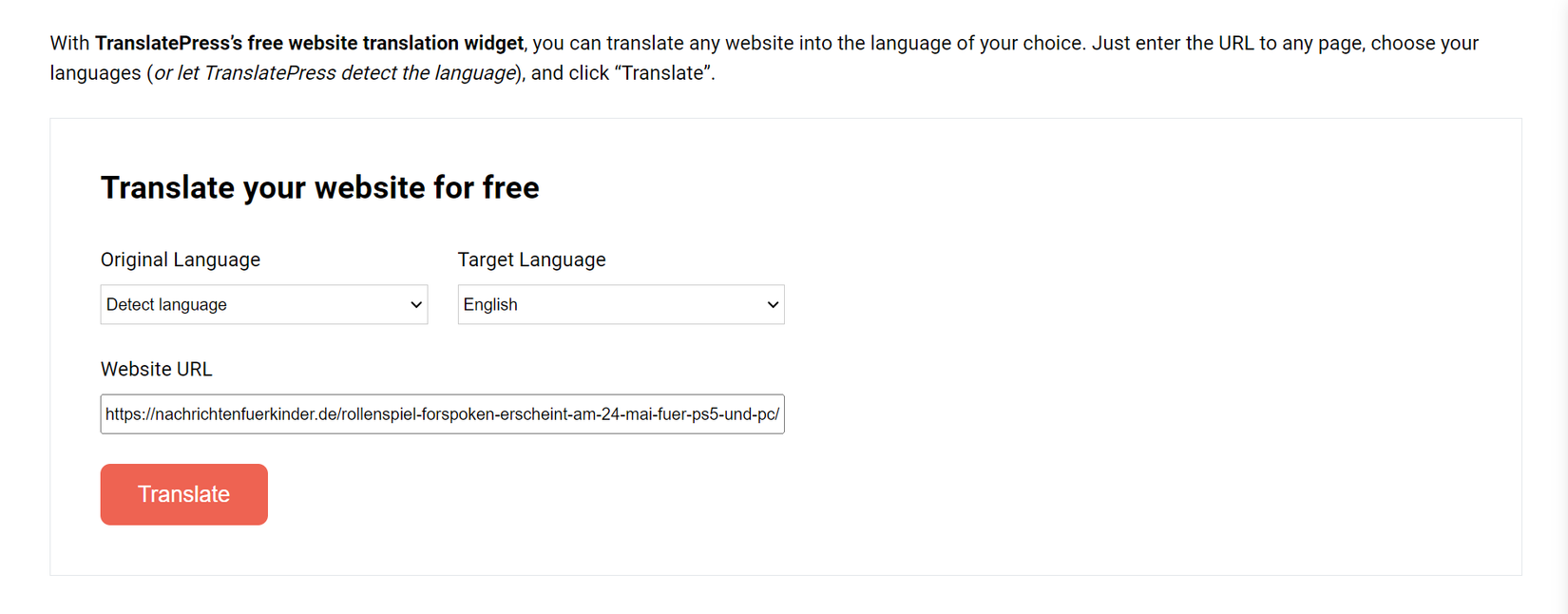 A screenshot showing TranslatePress's Input URL Feature
