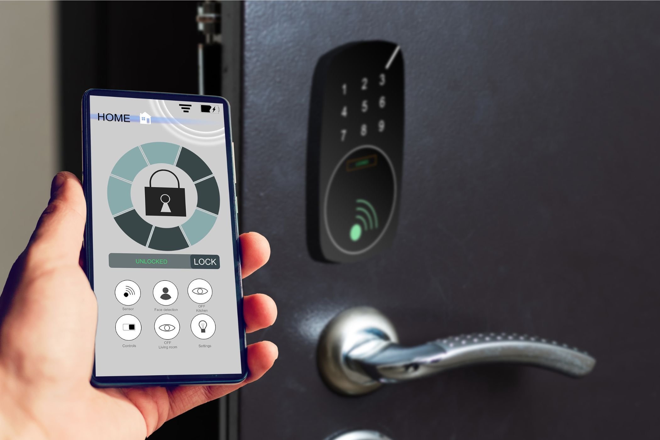 a smartphone connected to a smart lock on a door