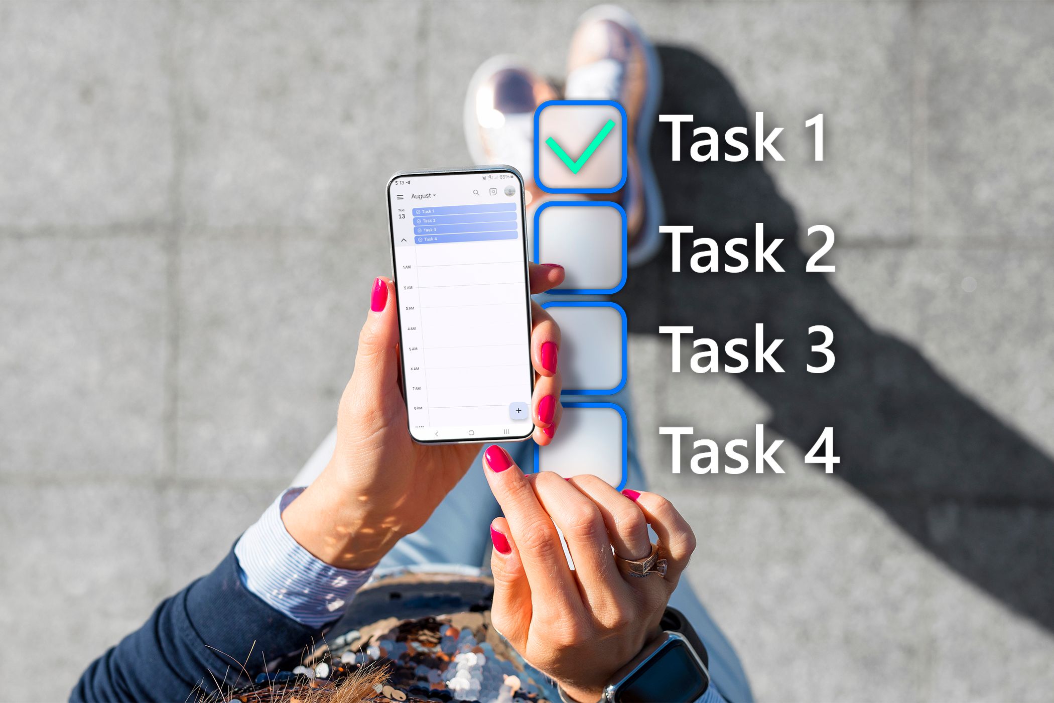 A woman holding a phone with some tasks on Google Calendar and a to-do list beside it.