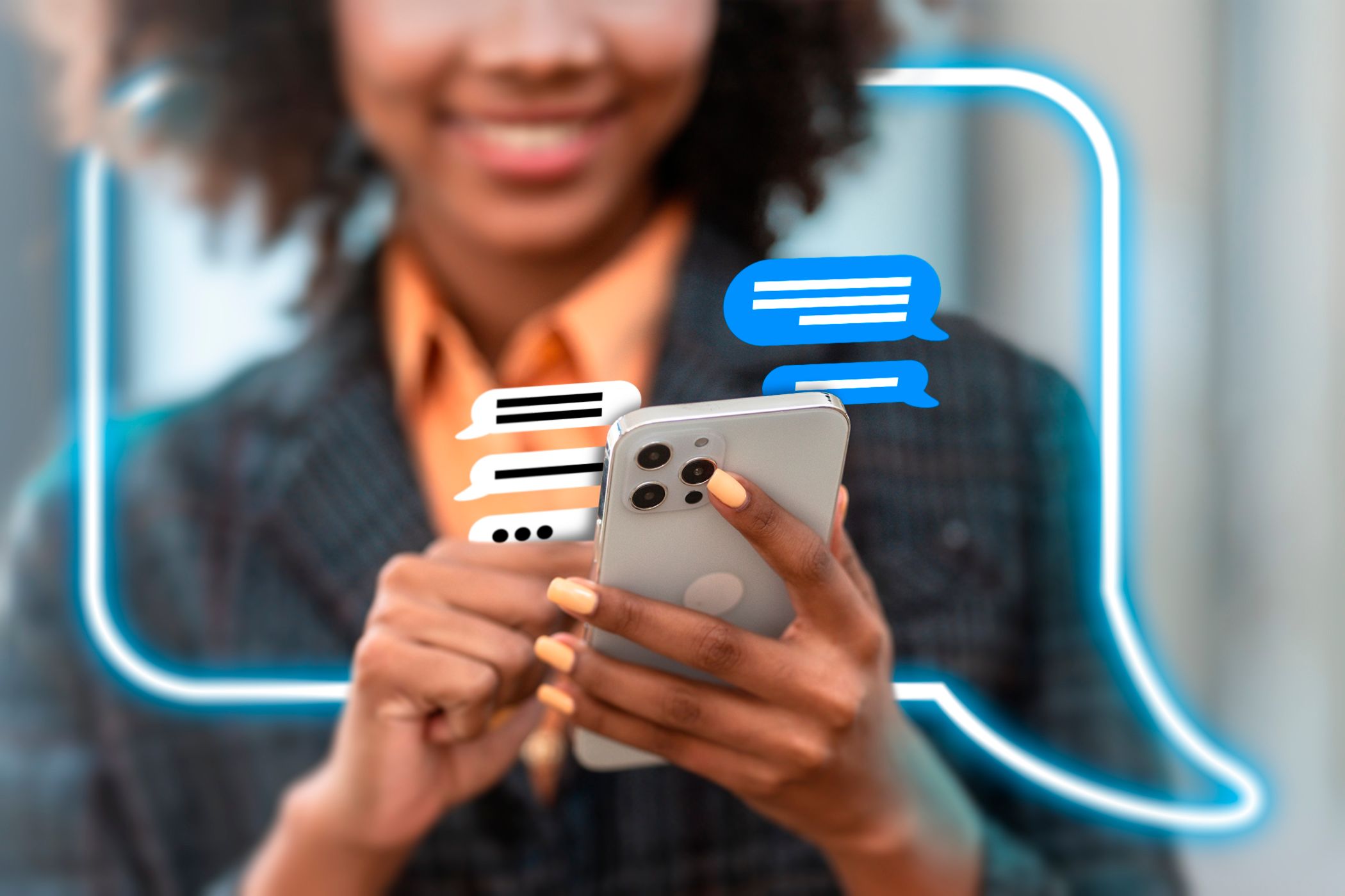 A woman messaging on her phone with message icons above the screen.