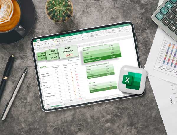 An Excel spreadsheet on a tablet on an office desk with pens, a calculator, and some papers around.