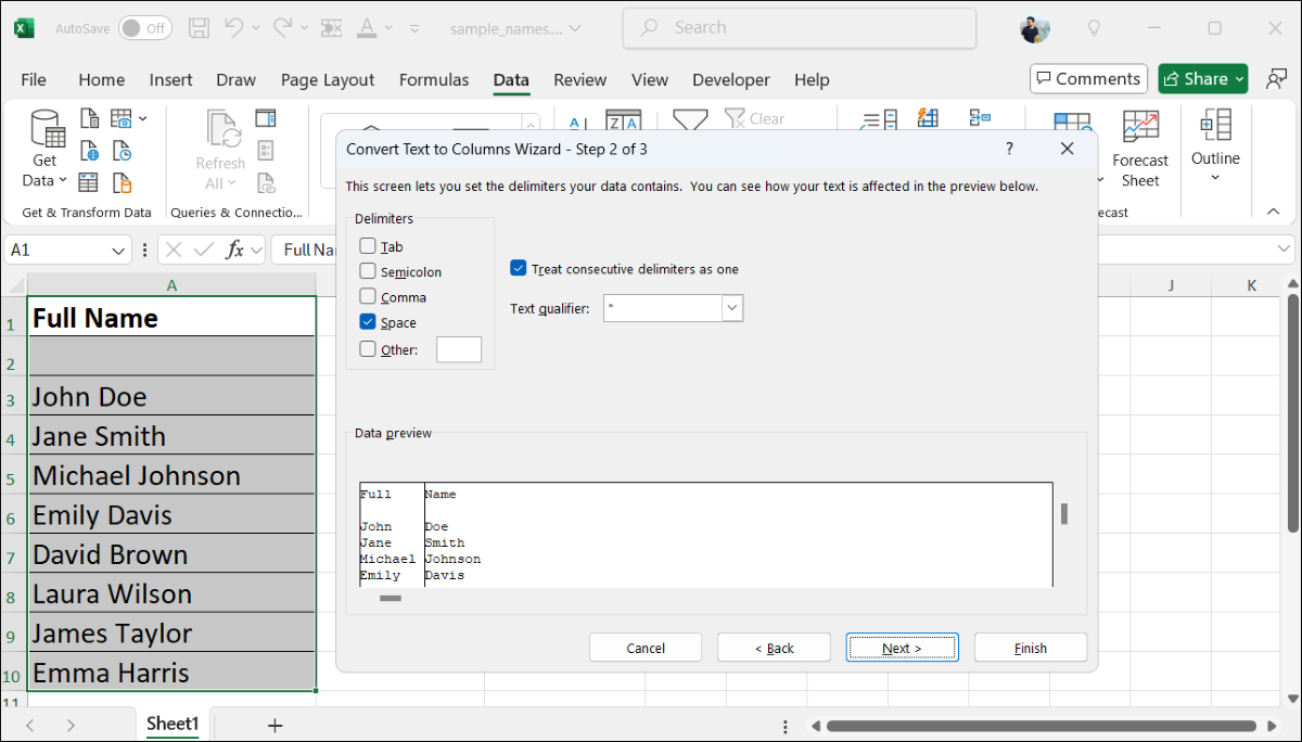 How to Separate First and Last Names to Columns in Excel