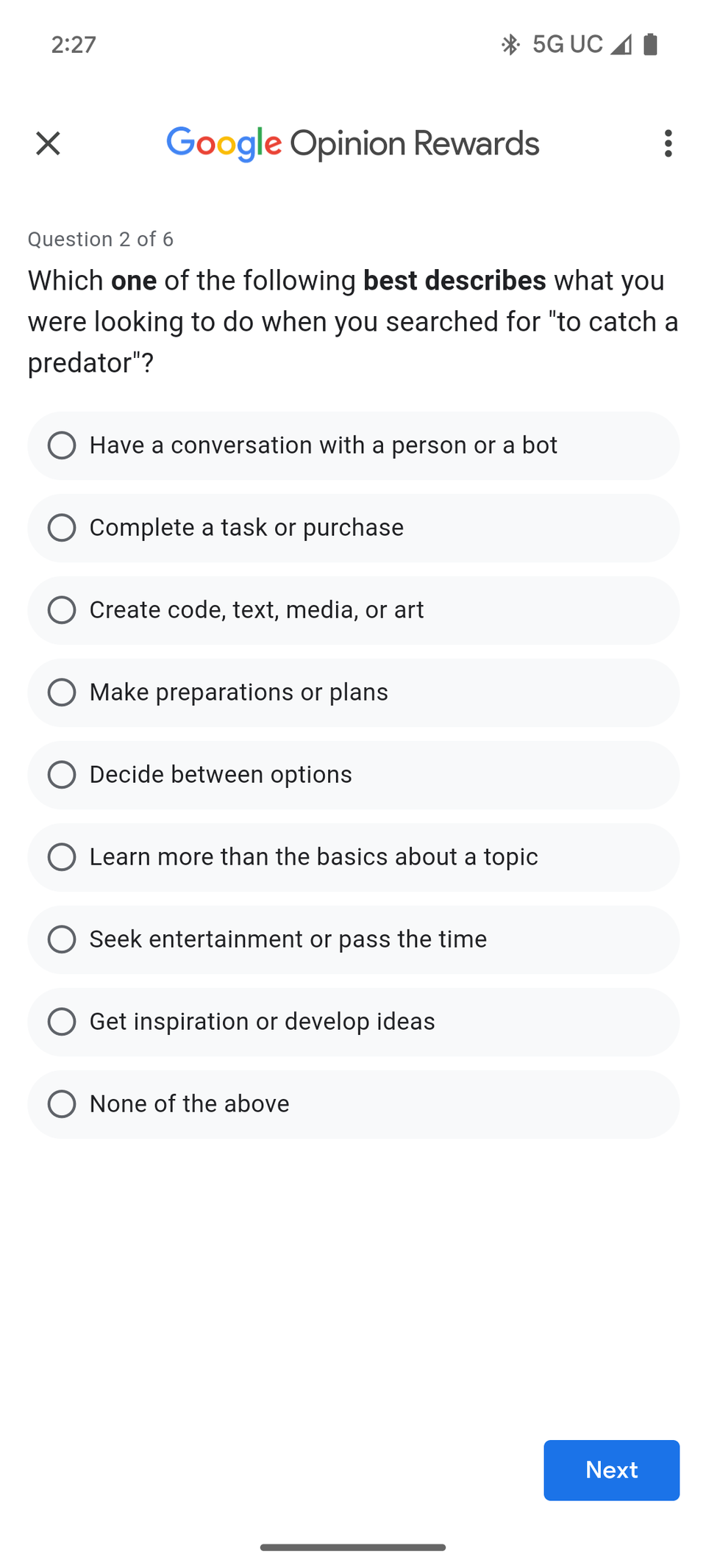 Google Opinion Rewards asking a question with several options