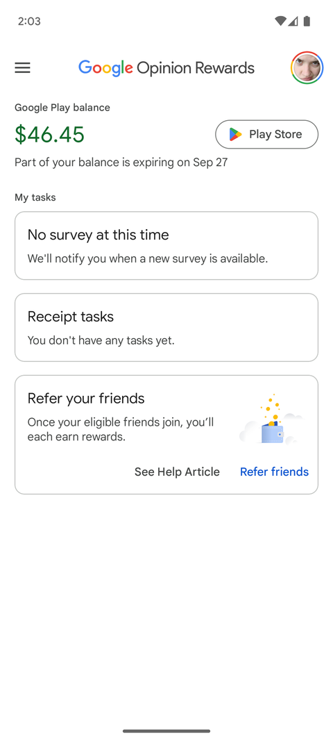 Главный экран Google Opinion Rewards Интерфейс приложения Google Opinion Rewards