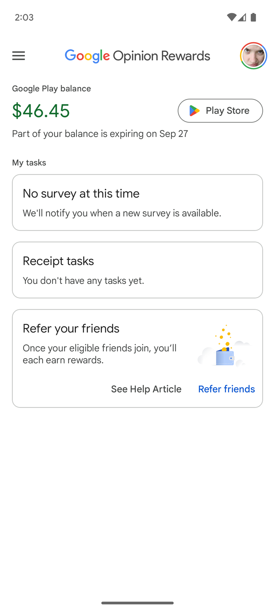 Google Opinion Rewards app showing balance