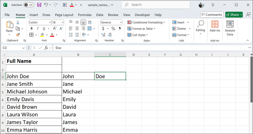How to Separate First and Last Names to Columns in Excel