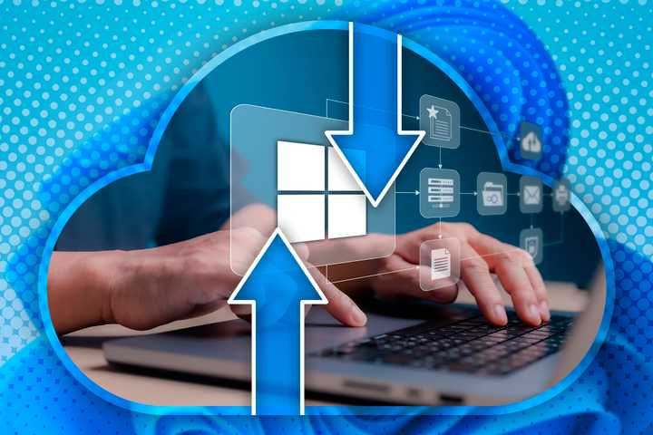 A person using a laptop with backup-related icons hovering the keyboard, a backup icon surrounding the image, and the Windows 11 wallpaper in the background.