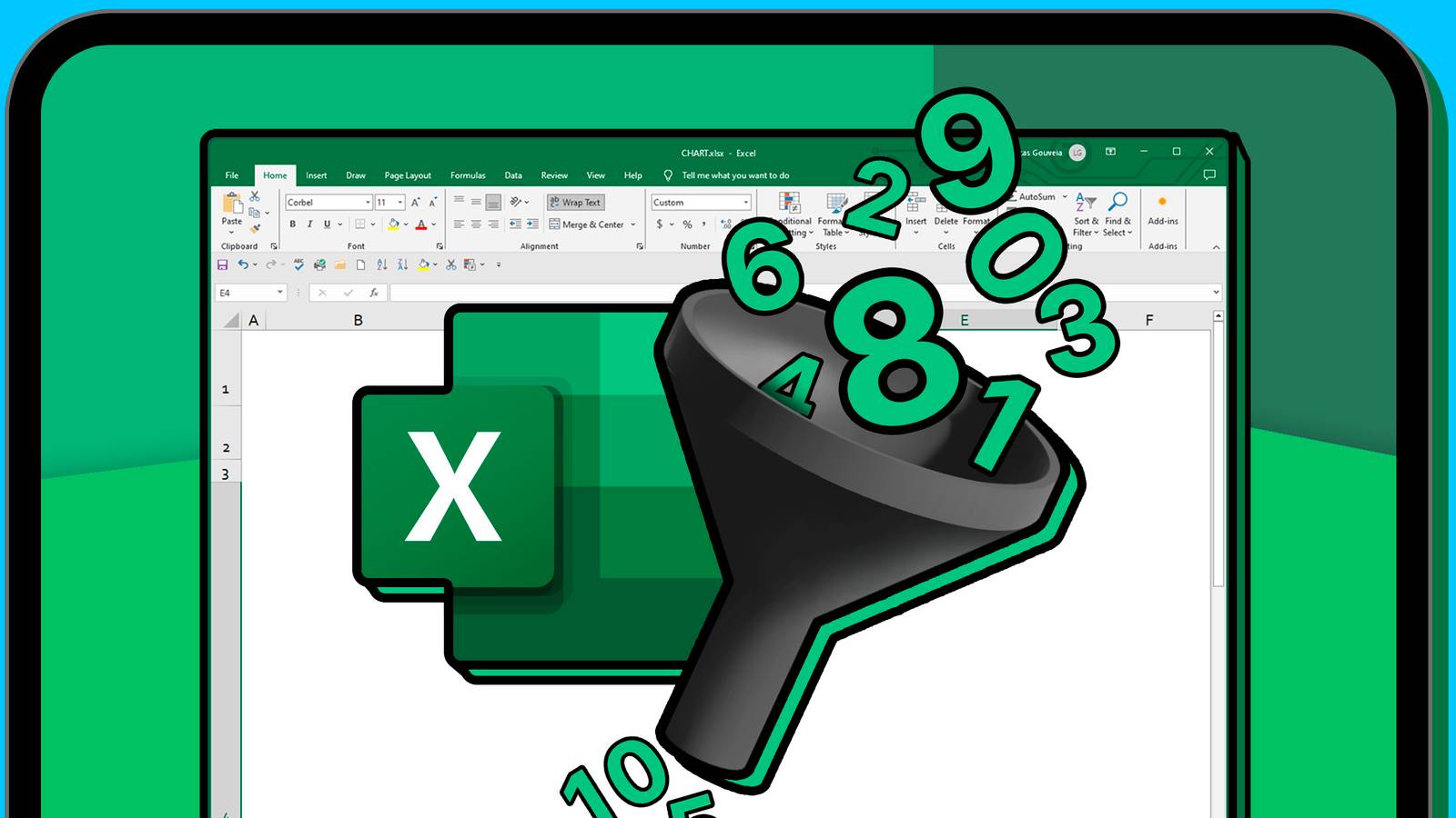A screen with Excel open, the Excel logo next to a filter icon, and some numbers being filtered.