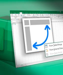 An Excel spreadsheet highlighting the pivot table with the 3D logo in the background.