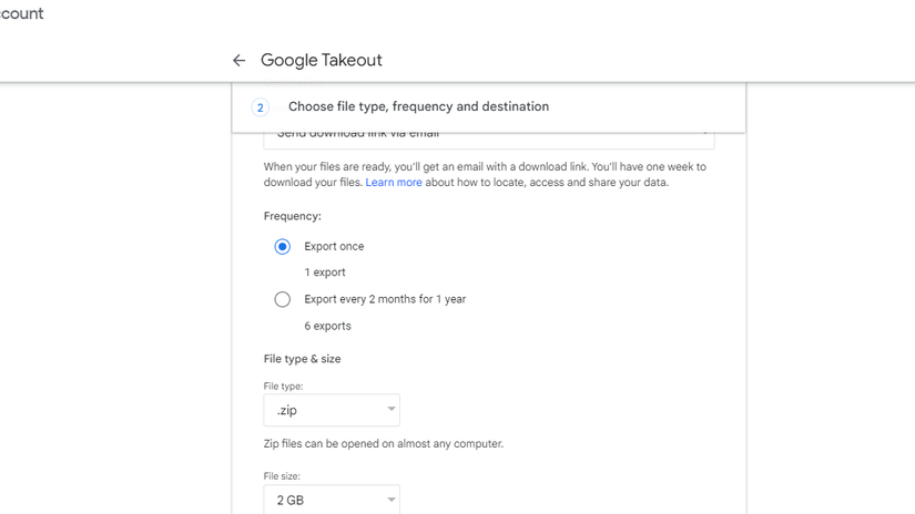 Google Takeout export settings