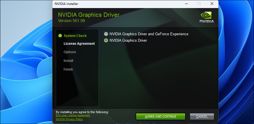 Nvidia graphics driver installer wizard on Windows 11