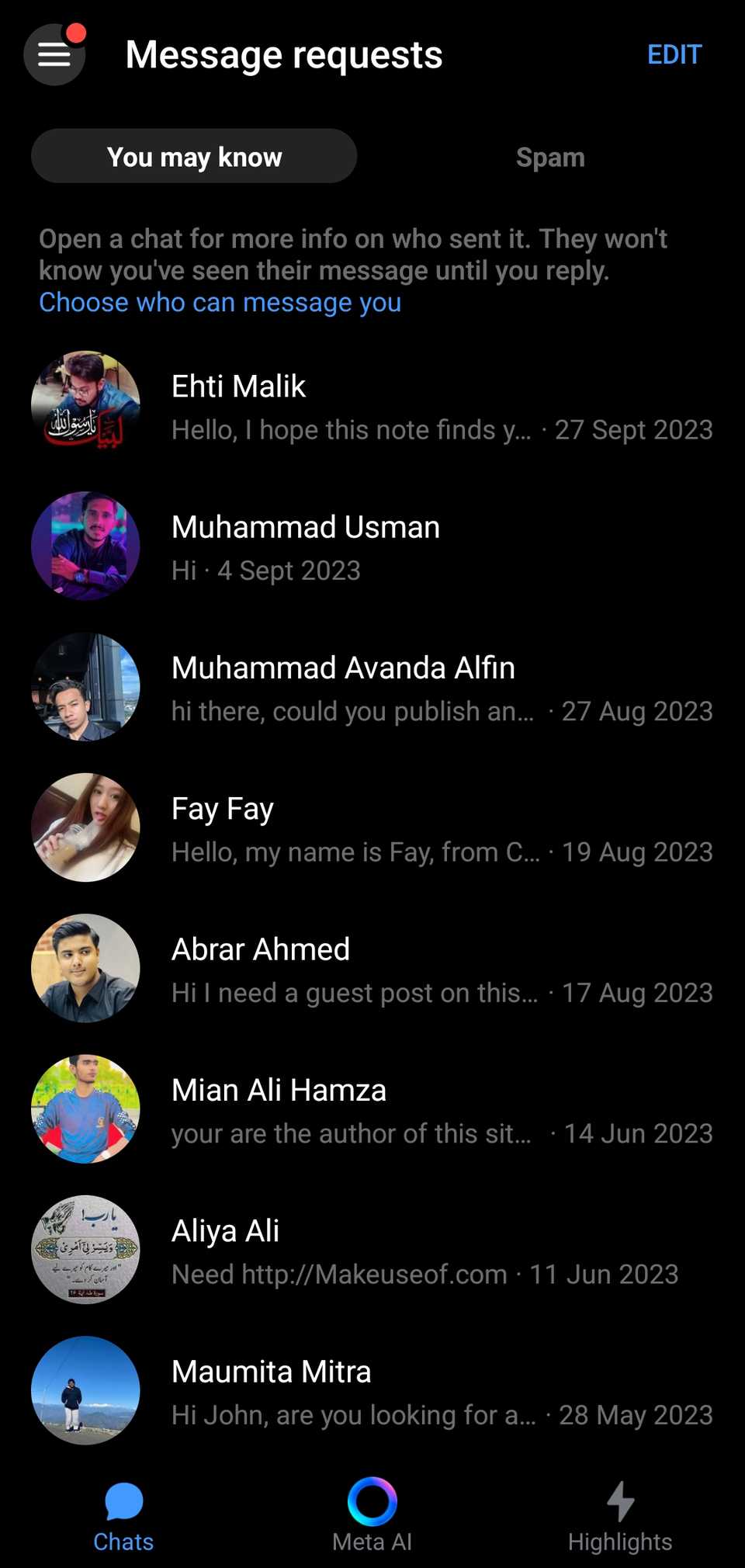 screenshot showing message requests on messenger