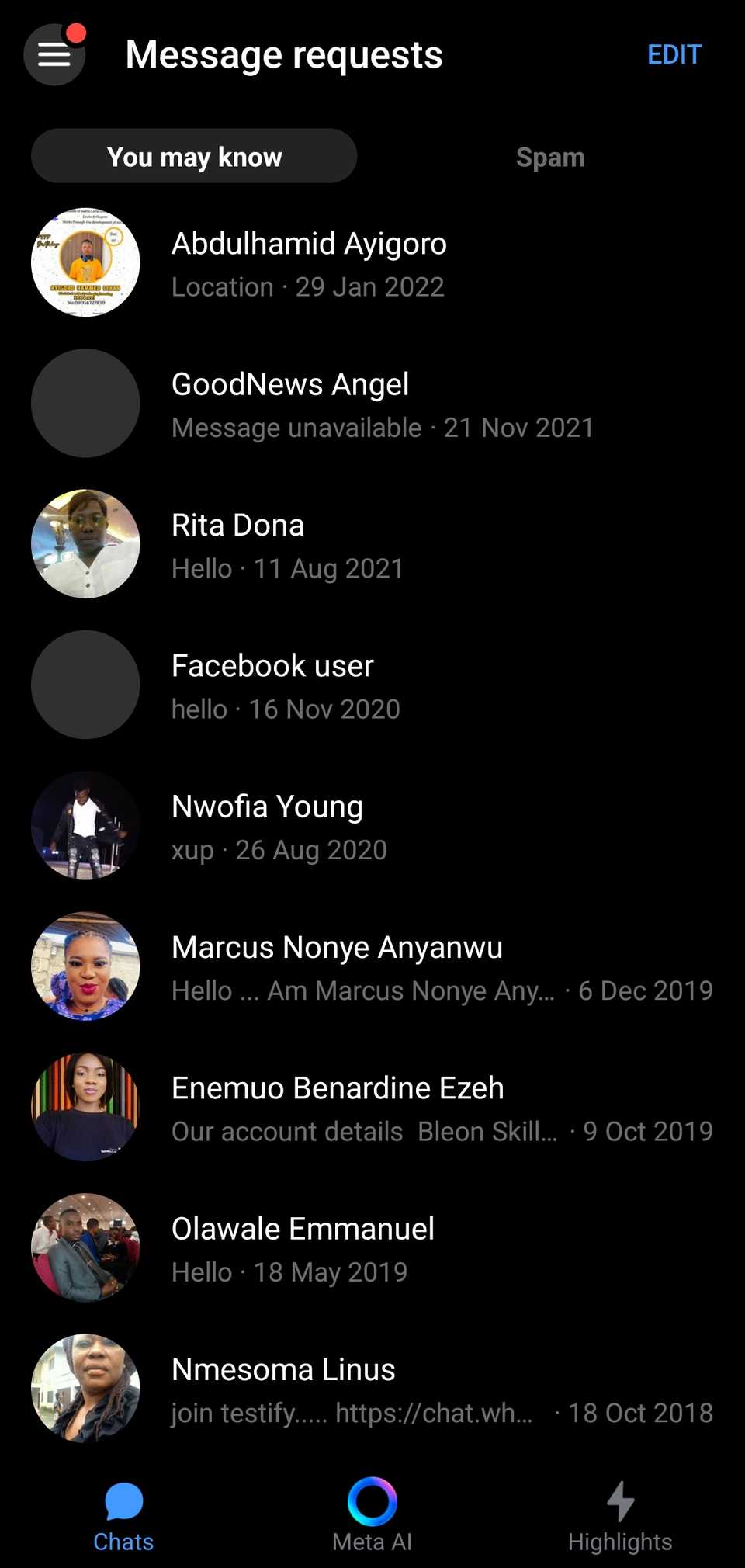 screenshot showing message requests