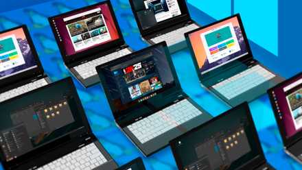 Several laptops side by side with different Linux distributions.