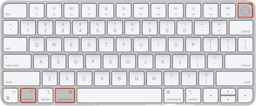 White Apple Magic Keyboard with highlighted Control Command Power buttons