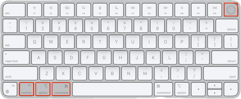 White Apple Magic Keyboard with highlighted Control Option Command Power buttons