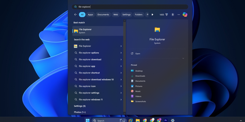 windows 11 start menu with file explorer search result