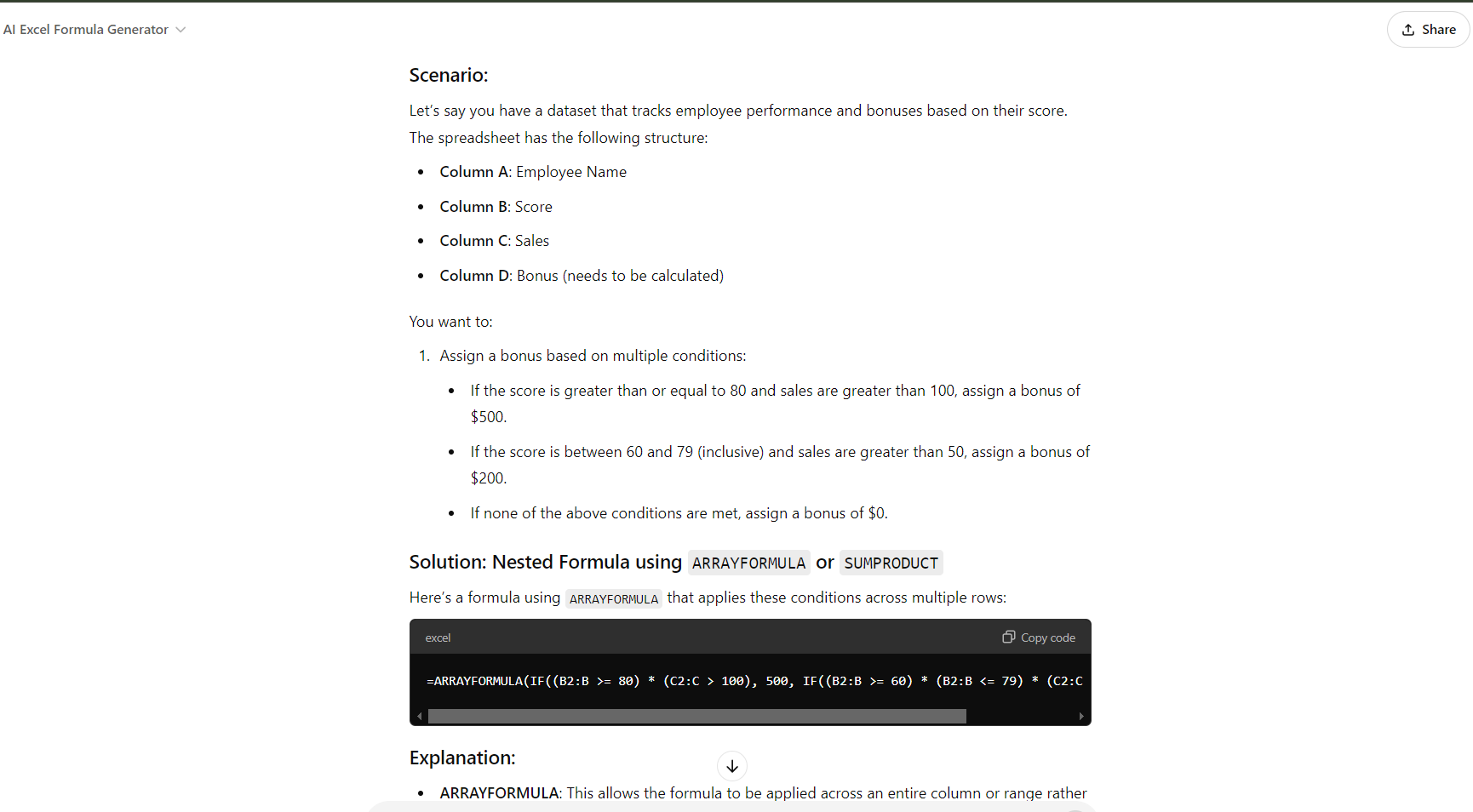 Demonstration of how ChatGPT can be used for advanced formulas.