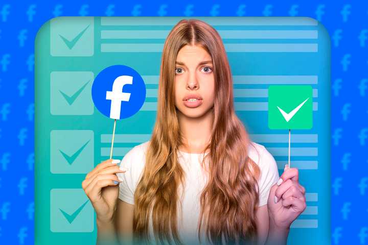 A confused woman holding the Facebook logo on the left and a checkbox on the right.