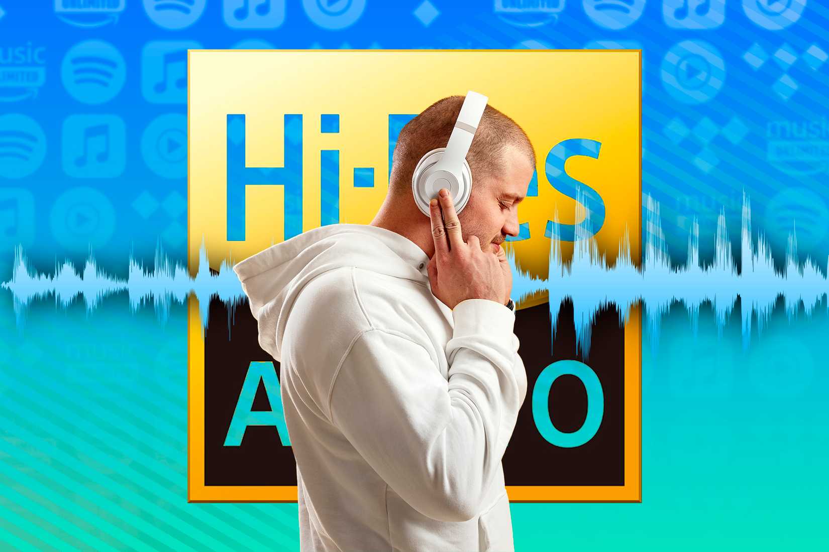 A man wearing headphones listening to music, with a Hi-Res Audio icon in the background and the logos of some music streaming services blurred.