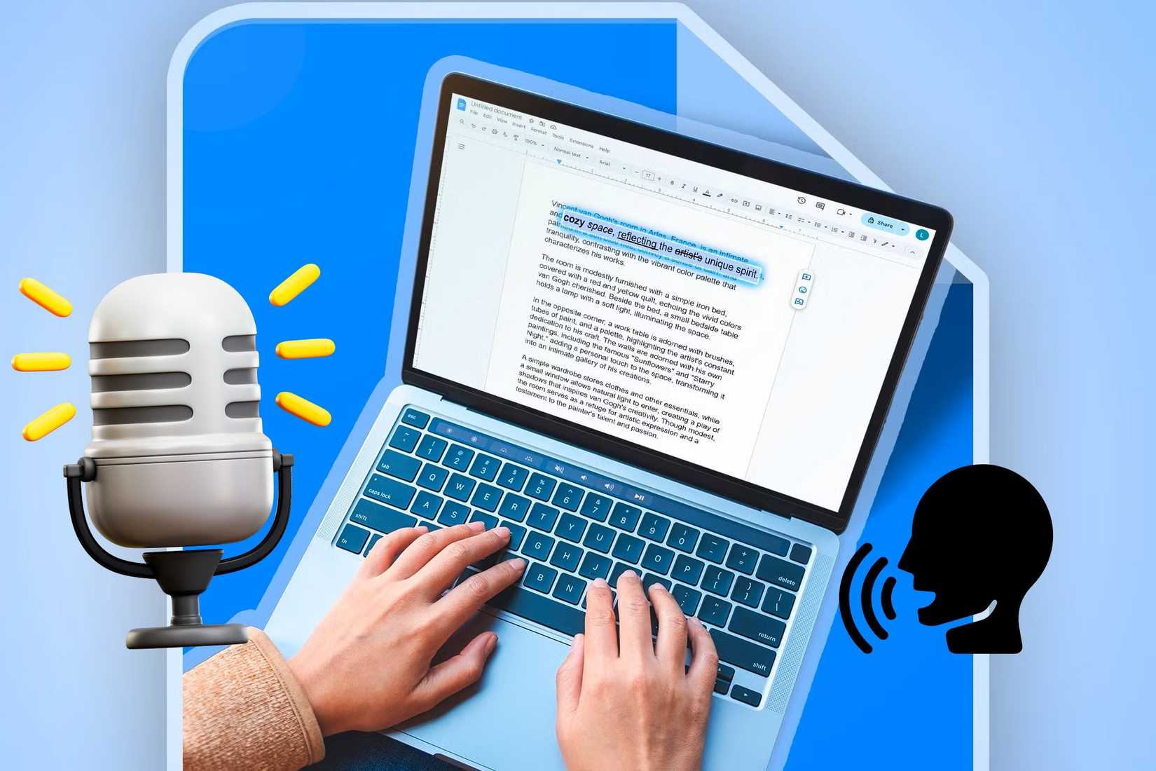 A person using a laptop with Google Docs with mic and voice typing icons