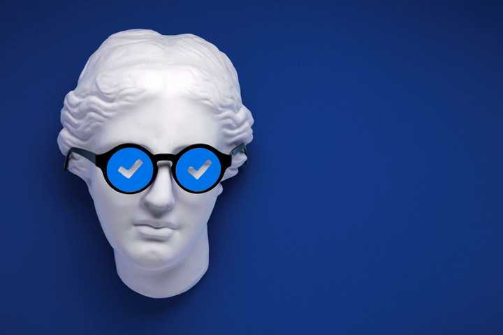 a statue wearing sunglasses with blue checkmarks