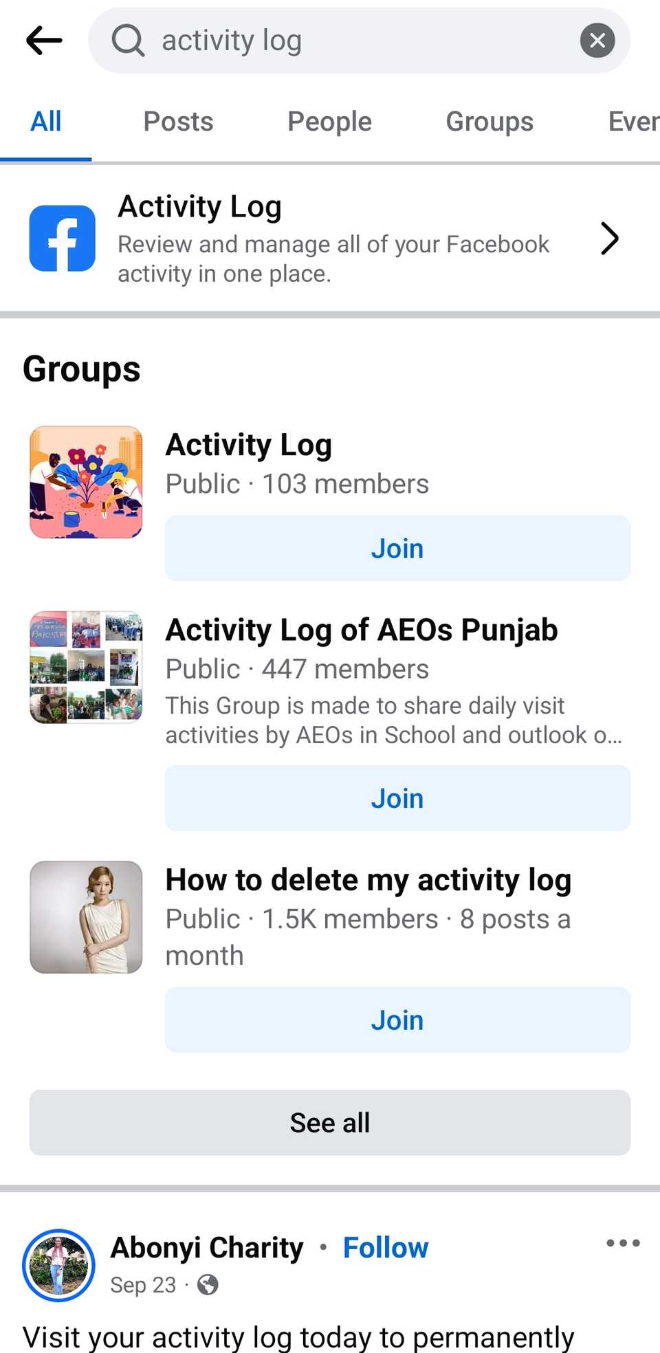 Activity Log in Facebook Mobile App