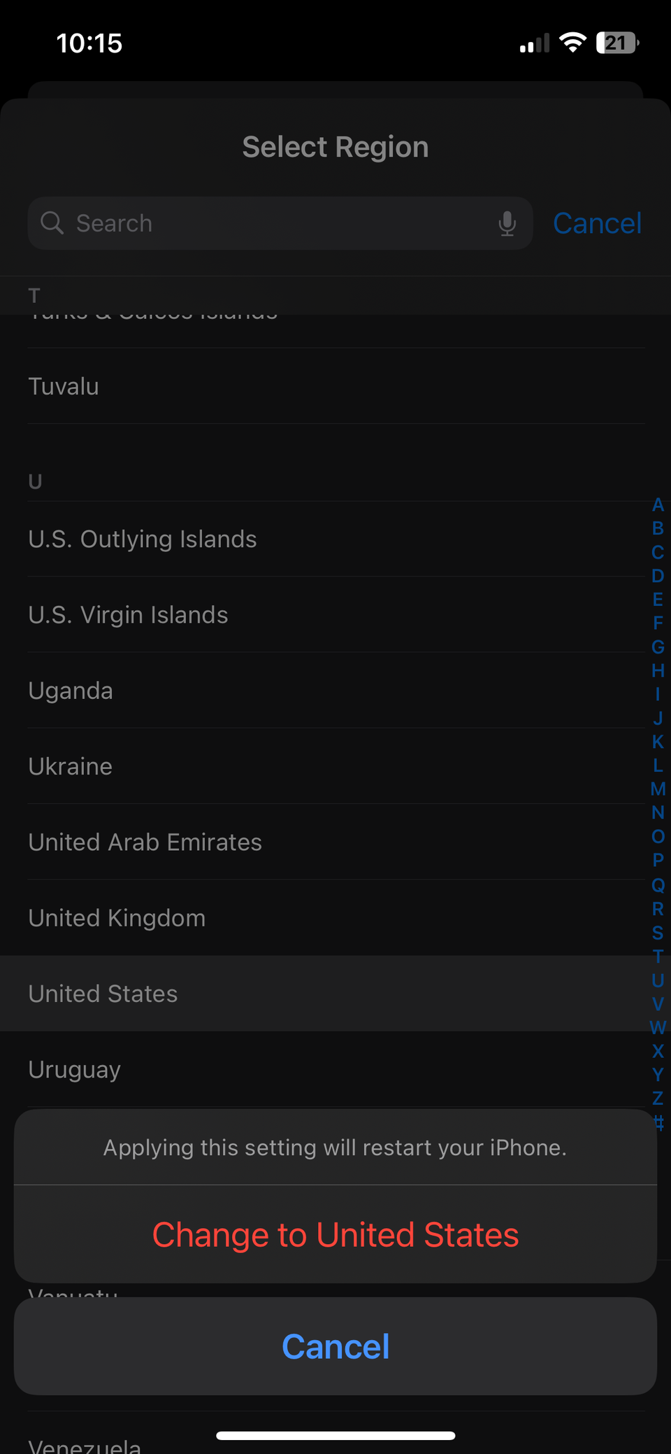 Change Region Confirmation Pop-Up on iPhone