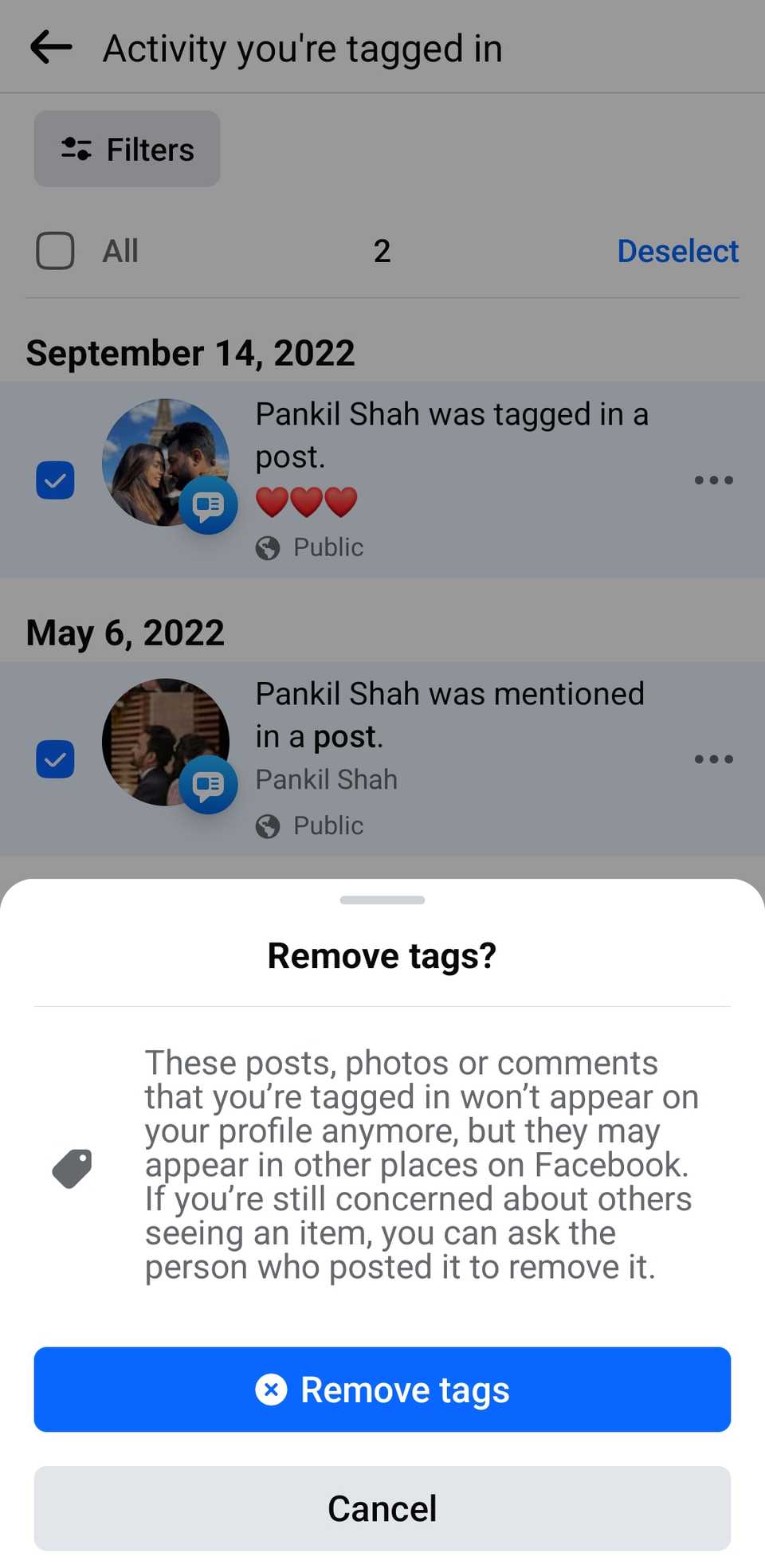 Confirmation About Removing Tags From Multiple Facebook Posts