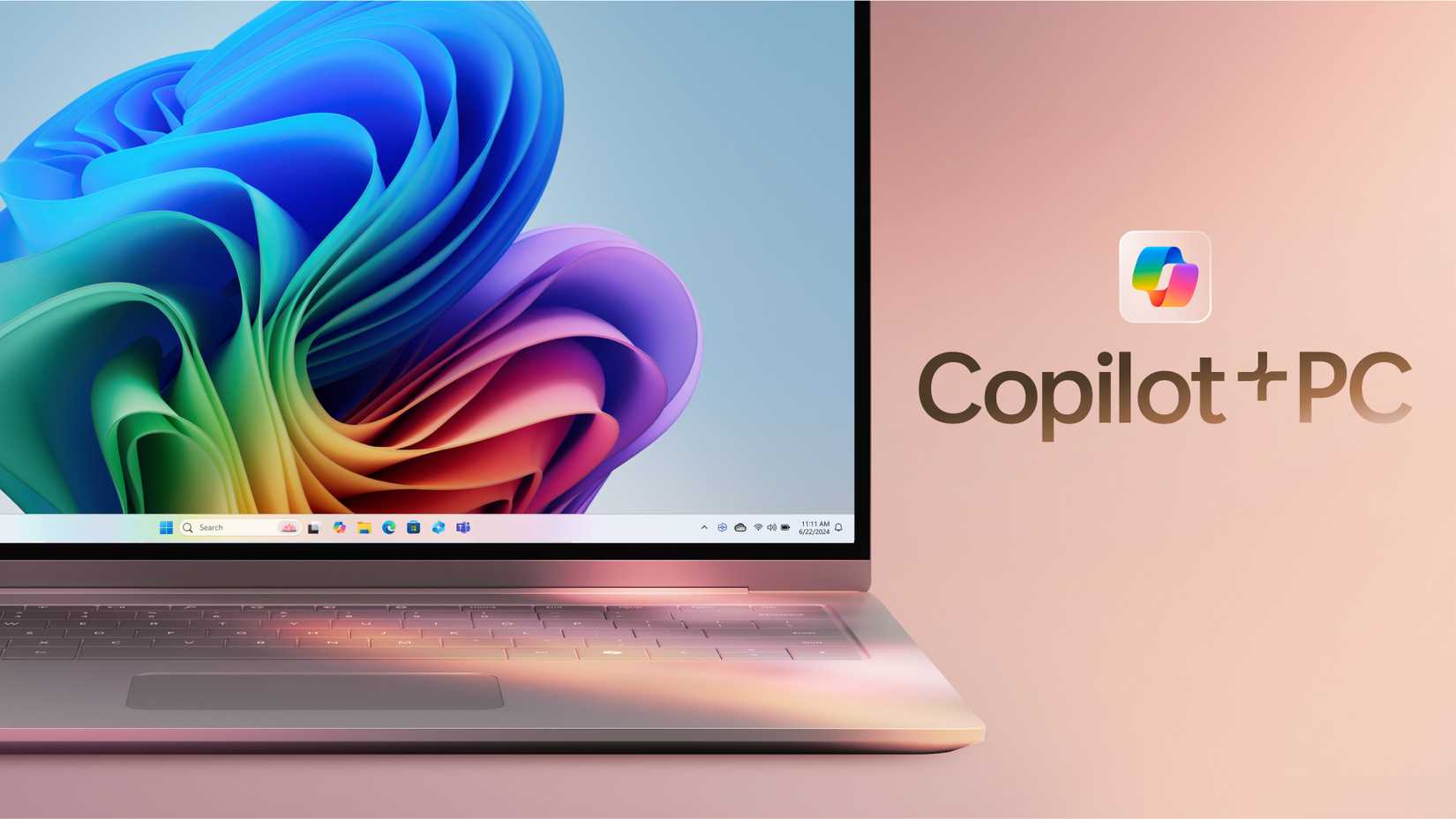 An image of a Copilot+ PC with a colorful screensaver from Microsoft