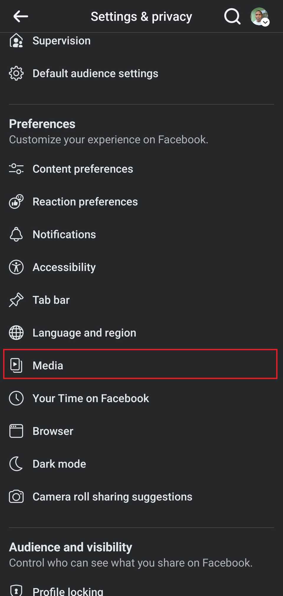 facebook mobile settings page with media highlighted