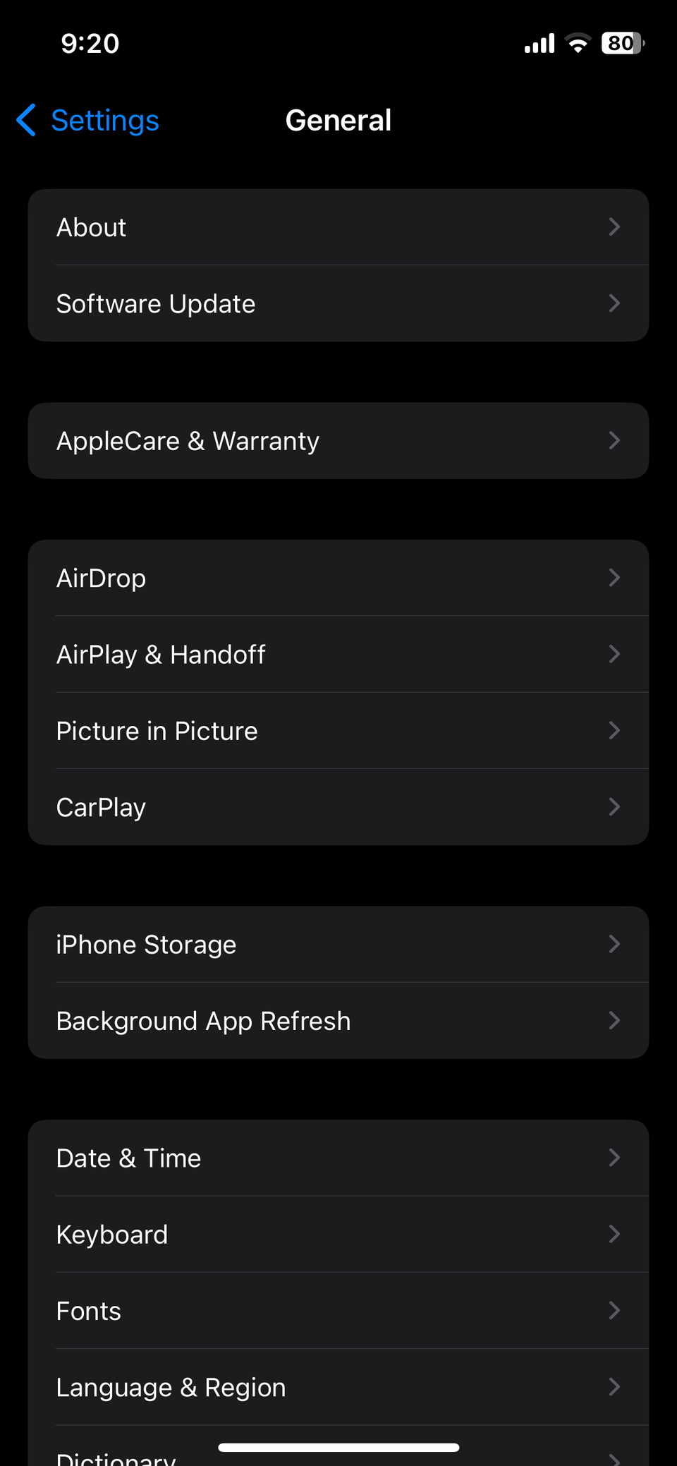 General Settings on iPhone