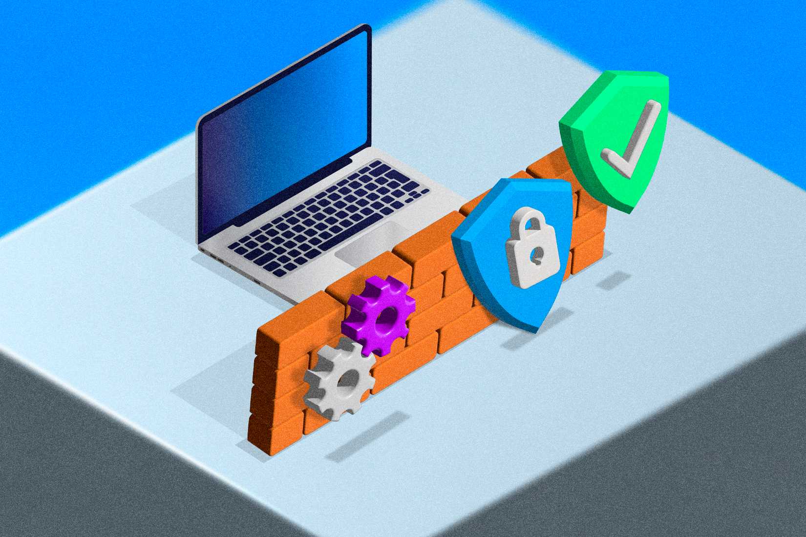 Illustration of a laptop with a wall in front of it and a shield, representing a firewall.