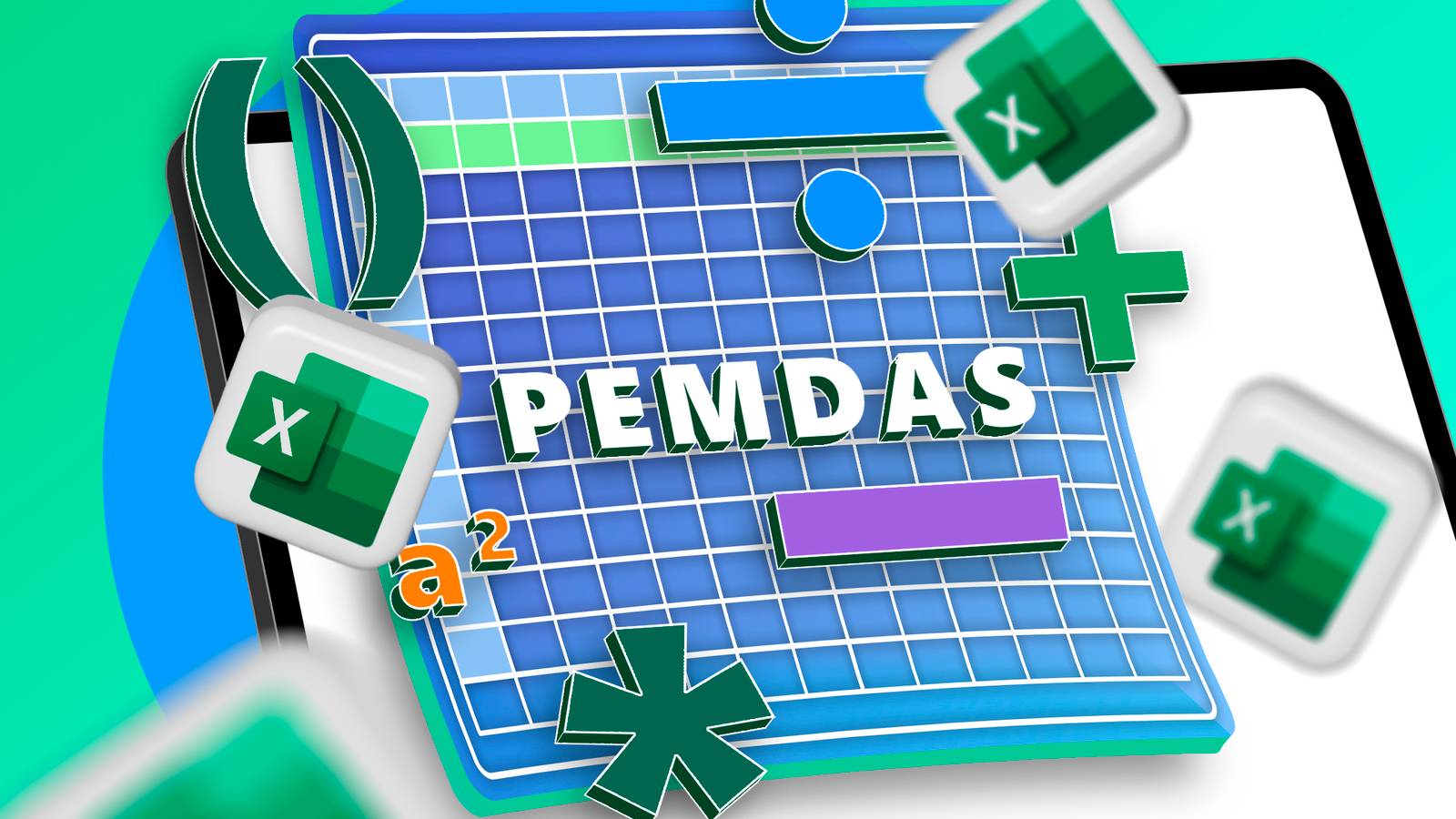 Illustration of a spreadsheet with some mathematical symbols, 'PEMDAS' written in the center, and a few Excel logos.