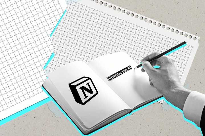 Open book with Notion and NotebookLM logos on the pages