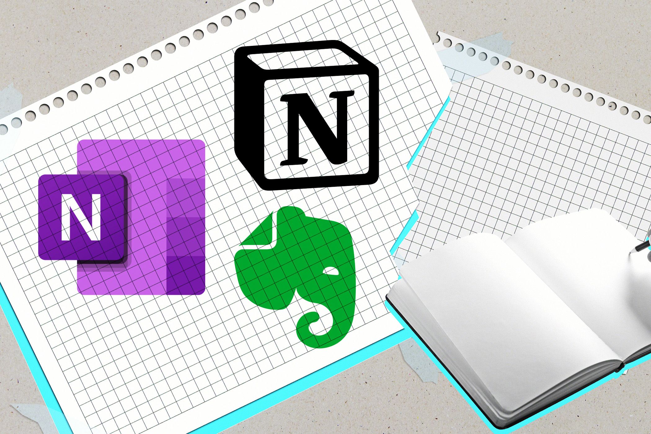 Open notebook with Notion OneNote and Evernote logos