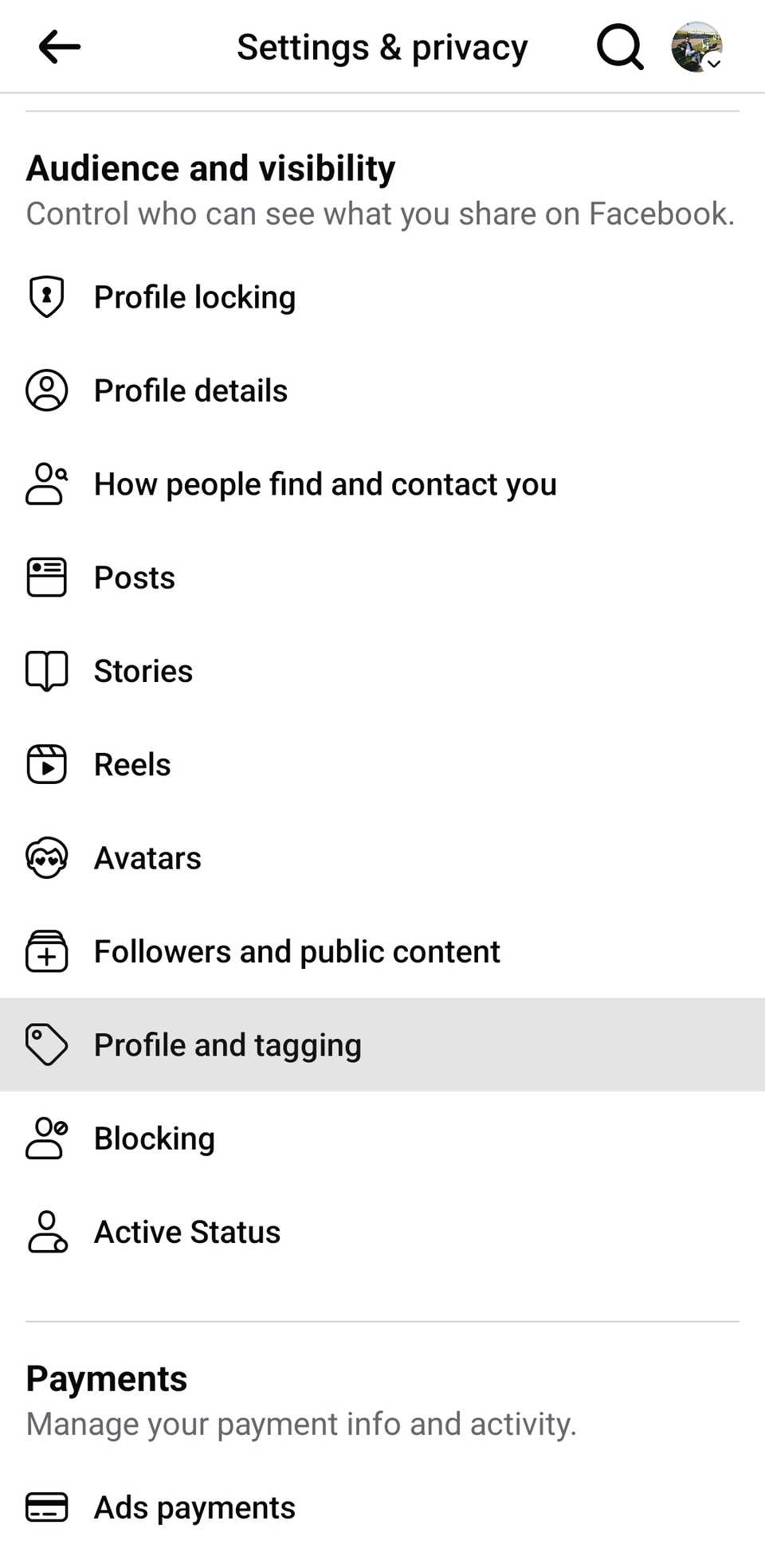 Profile and Tagging Option in Facebook Settings
