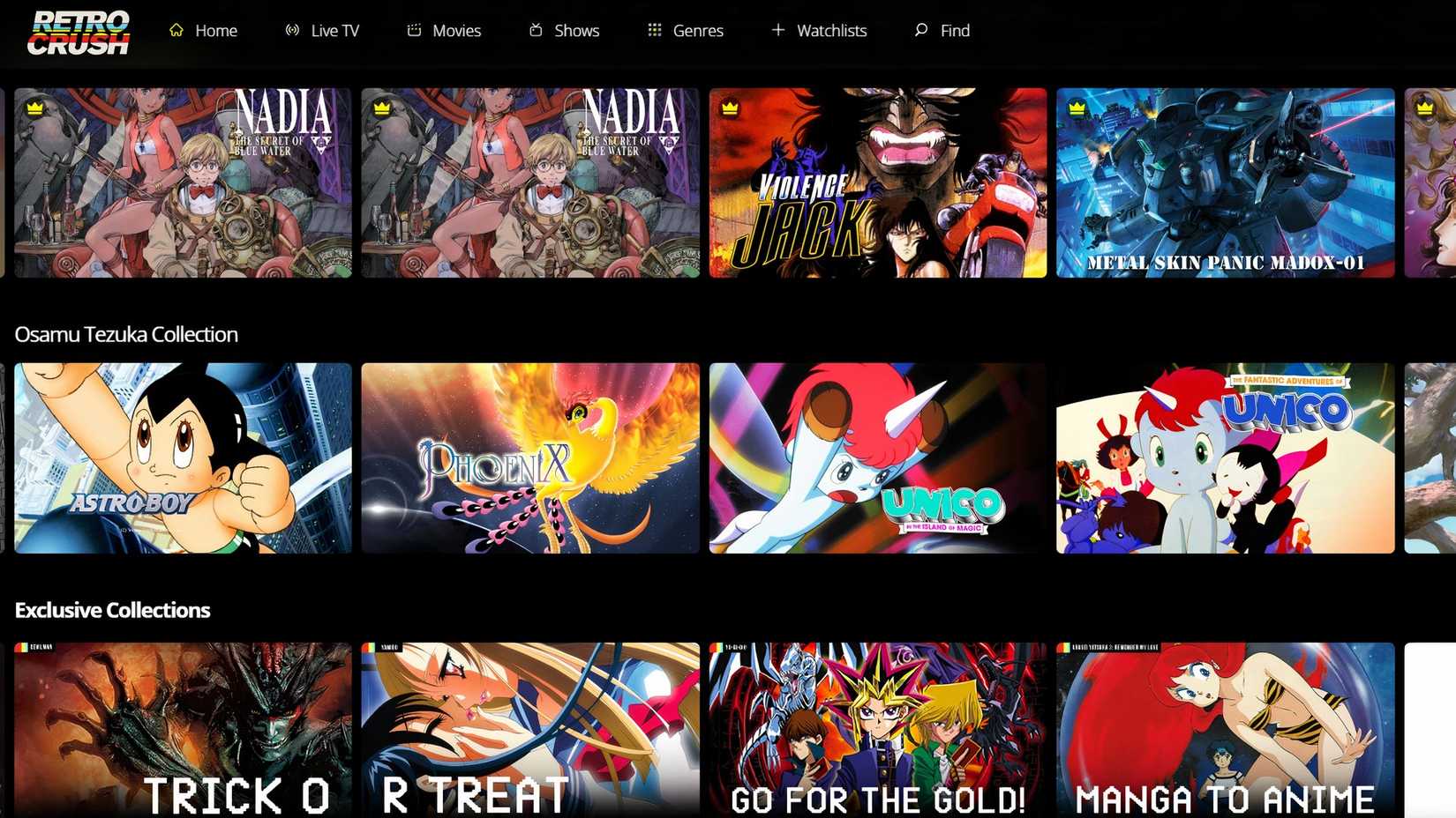 Different shows shown on the RetroCrush Home Page.