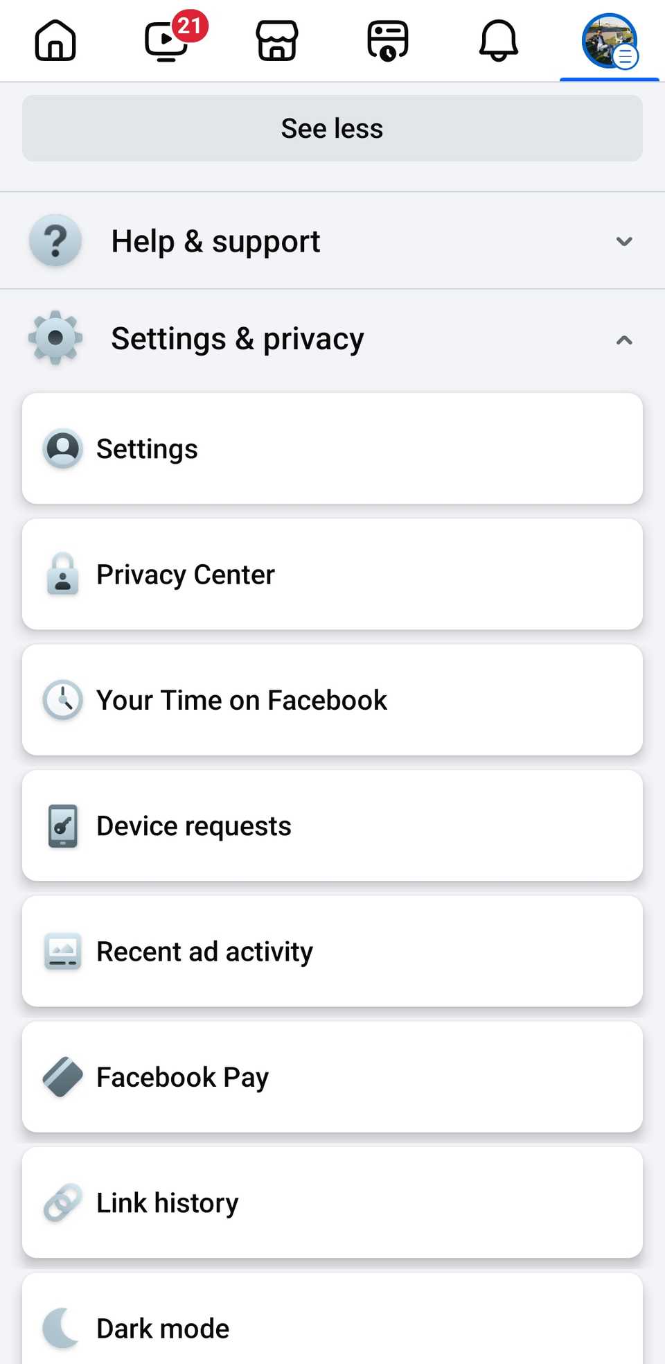 Settings Menu in Facebook Mobile App