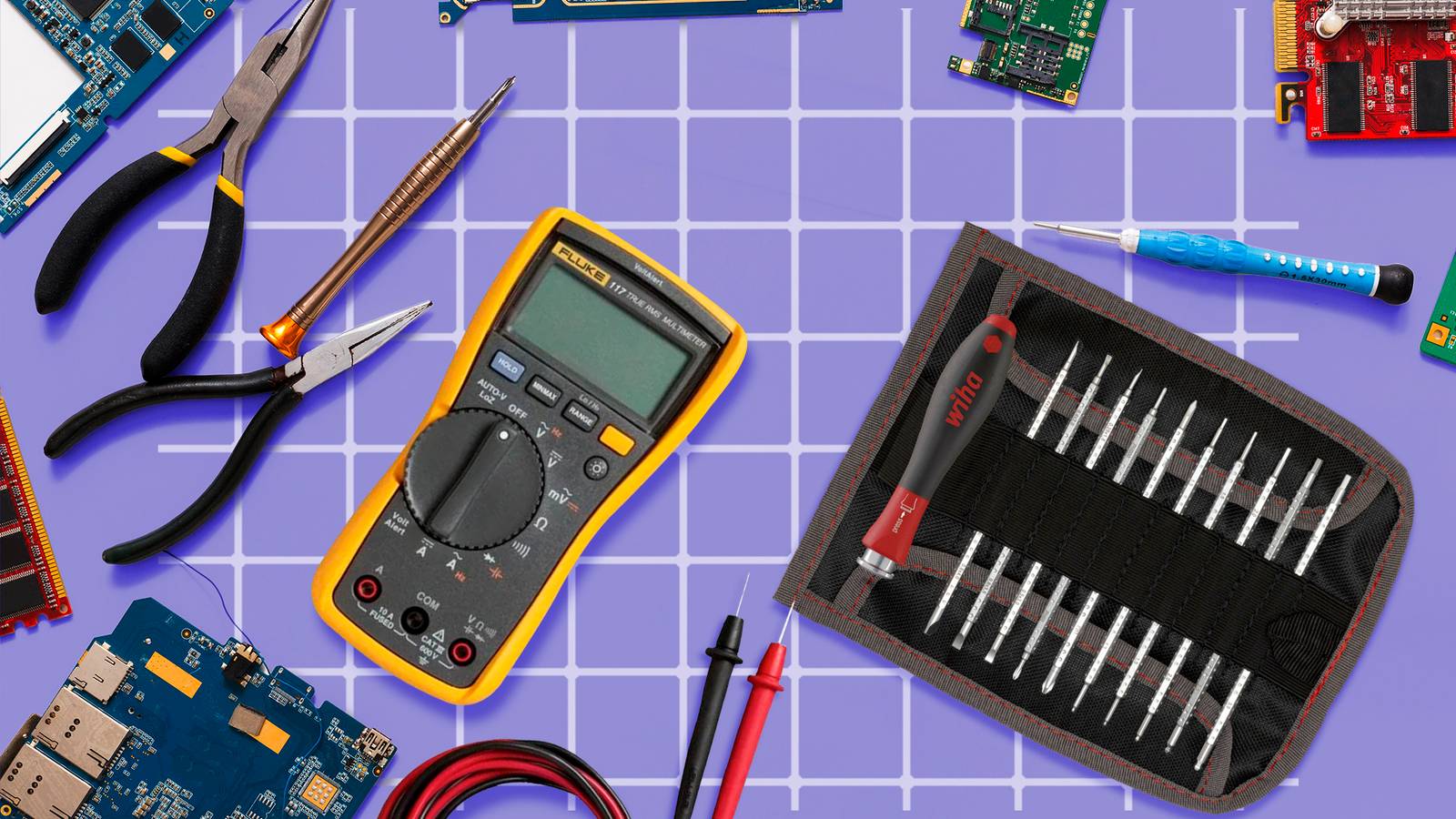laptop charger repair tools bench vice flathead screwdriver multimeter