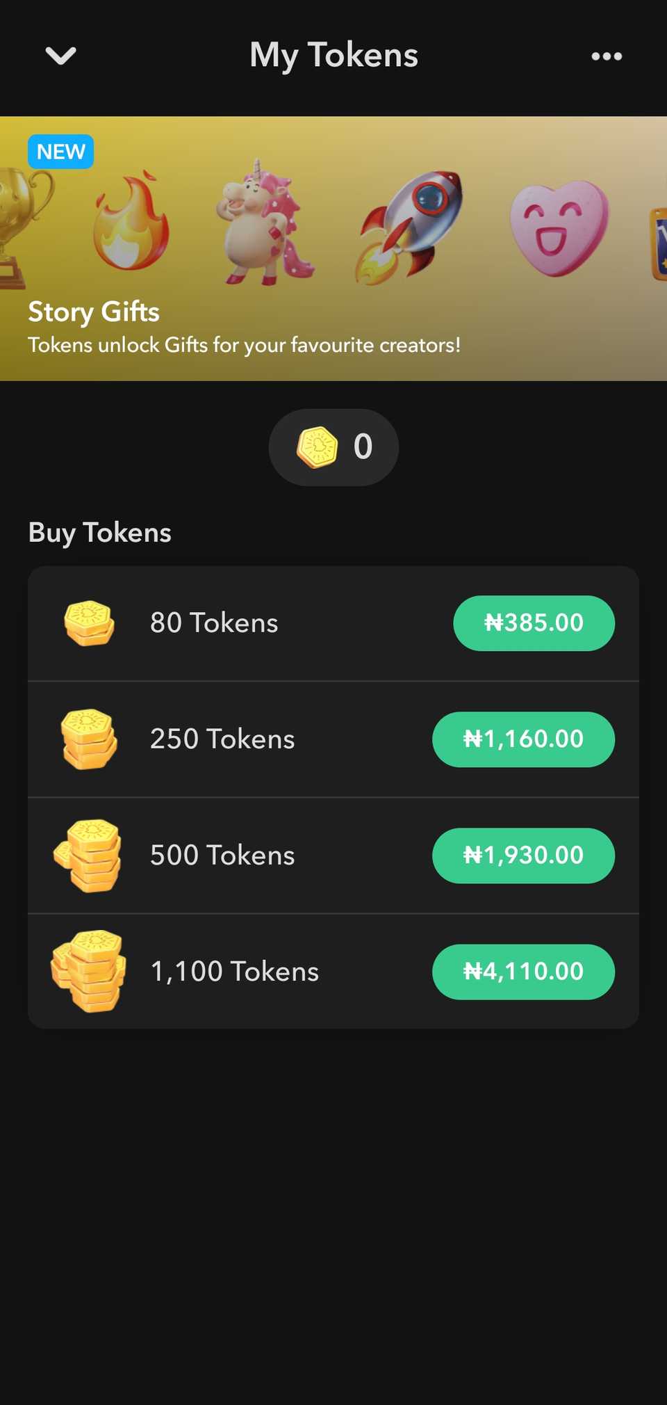 Snapchat tokens purchase page