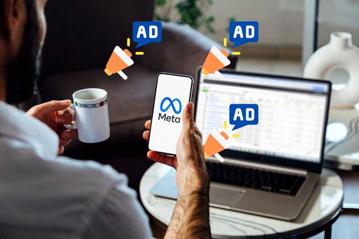 someone looking at the meta logo on a smartphone with ad icons floating