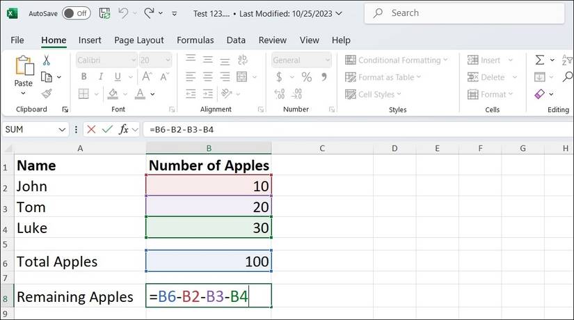 Subtraction in Excel