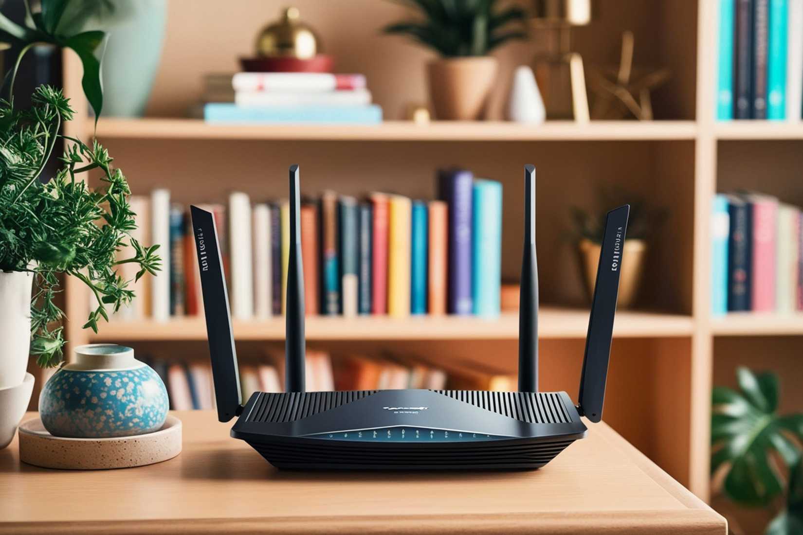 A mock router with four antenna sitting on a table in front of a bookshelf