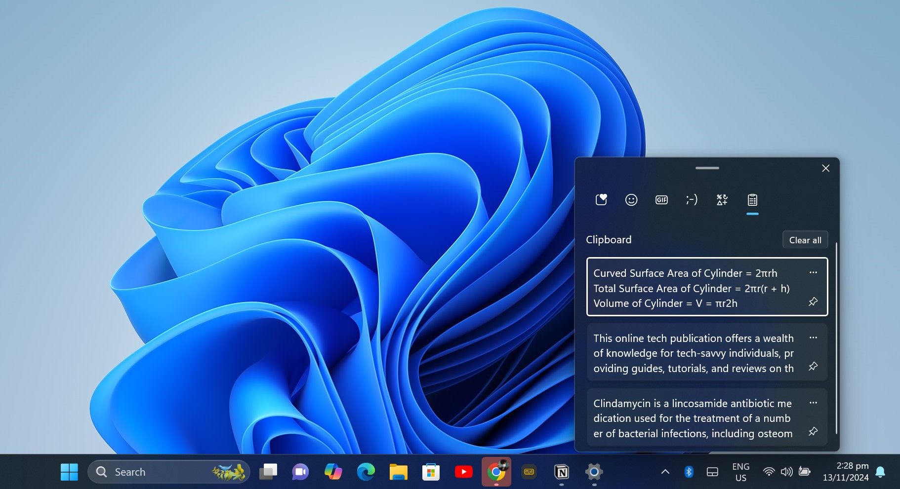 Viewing Clipboard History panel in Windows
