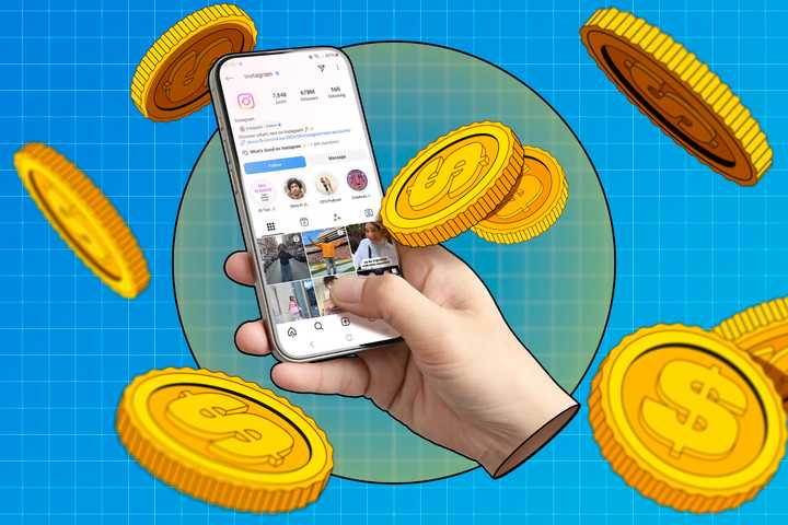 A hand holding a phone displaying Instagram on the screen, surrounded by several coins.